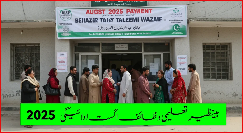 People standing in queue for Benazir Taleemi Wazaif August 2025 Payment collection at BISP center.