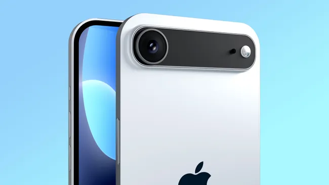 Render of iPhone 17 Air showing rear camera design with text highlighting 2900mAh battery capacity on blue background