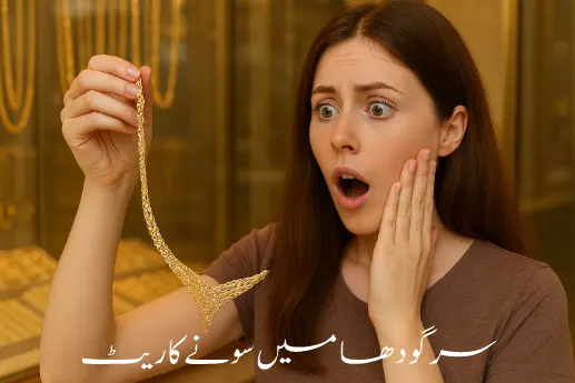 A surprised young woman holding a gold necklace in a jewelry store, with Urdu text at the bottom reading “سرگودھا میں سونے کا ریٹ” (Gold rate in Sargodha).