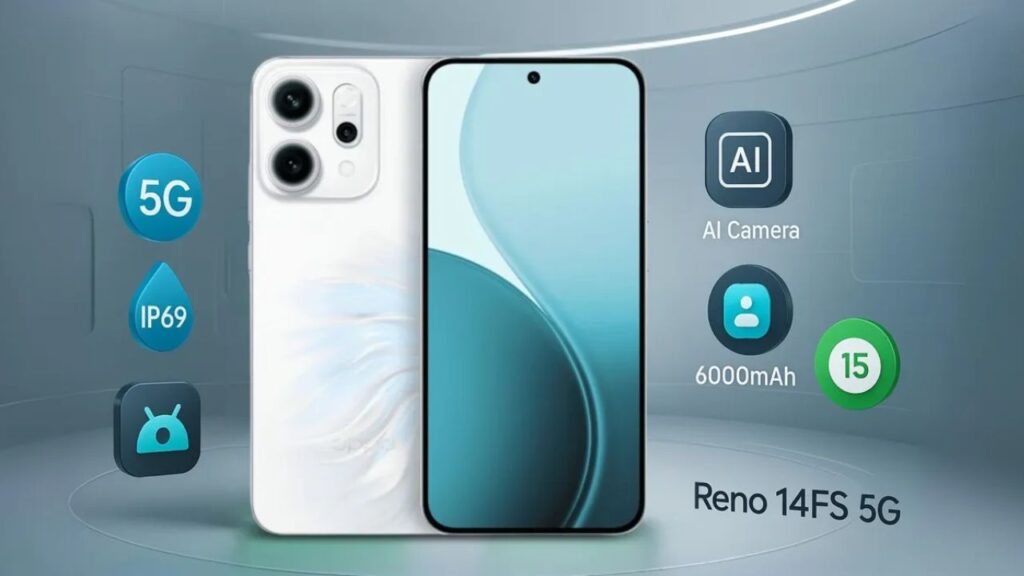 Oppo Reno 14 FS 5G with 120Hz AMOLED display, 6000mAh battery, IP69 rating, and AI triple camera