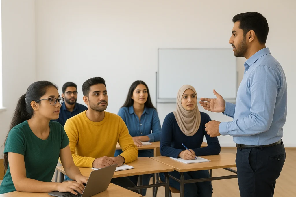 A group of students attentively listening to an instructor in a classroom during Punjab Skill Development Free Courses 2025 training session.