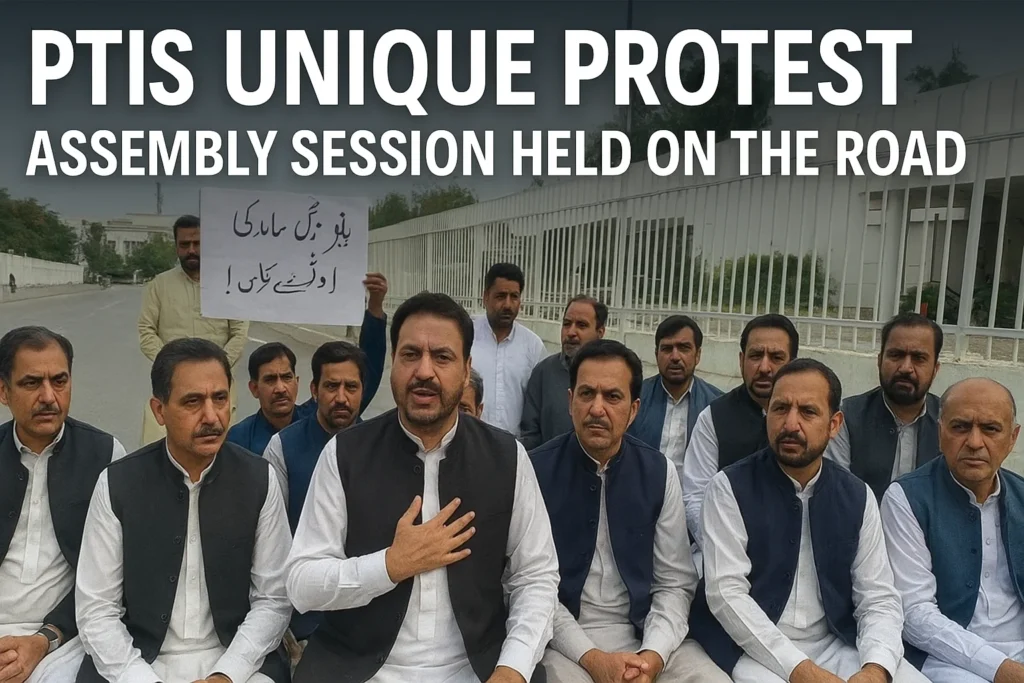 PTI’s Unique Protest: AssemblPTI leaders holding a roadside assembly protest outside Parliament.y Session Held on the Road