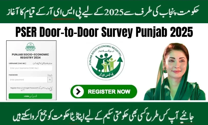 Punjab Socio-Economic Registry (PSER) Door-to-Door Survey Punjab 2025 registration poster with Maryam Nawaz promoting online and center-based signup.