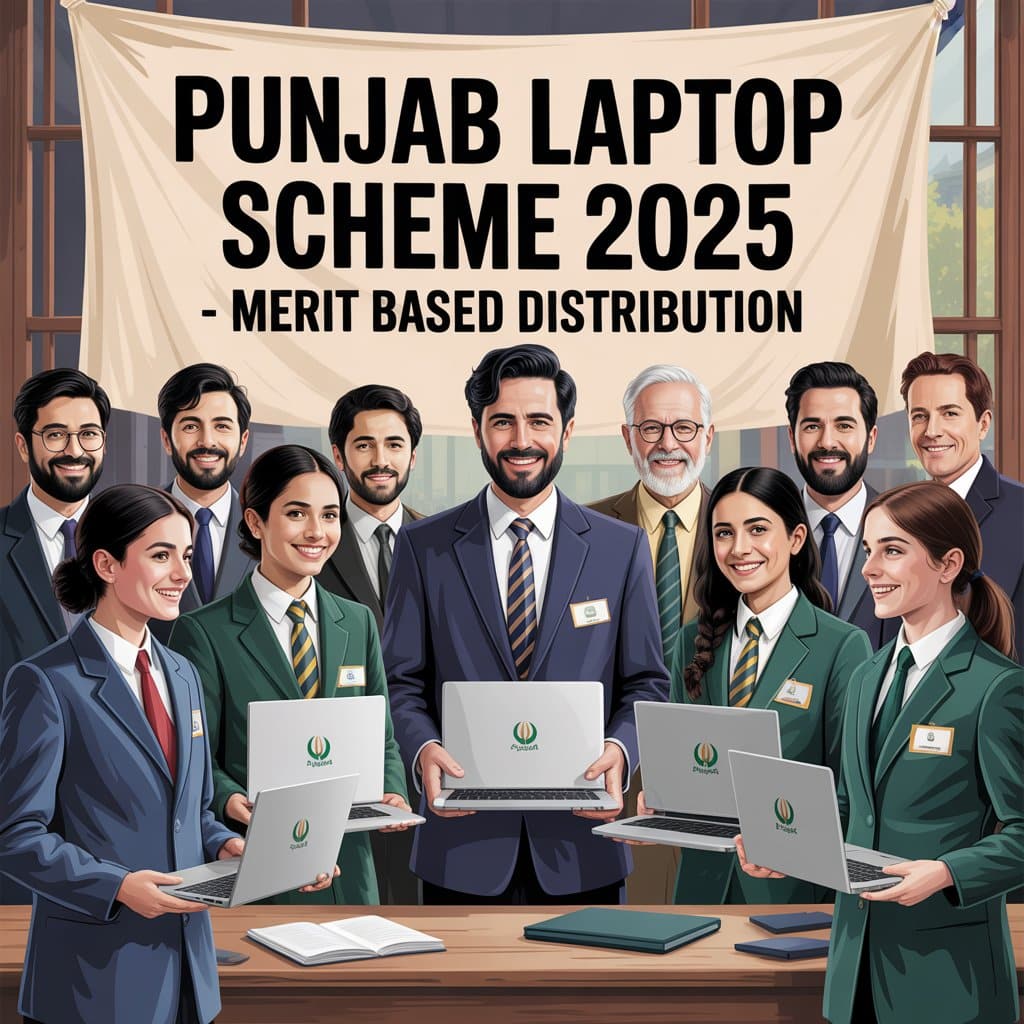 Students receiving laptops under Punjab Laptop Scheme 2025 on merit basis in Punjab, Pakistan.