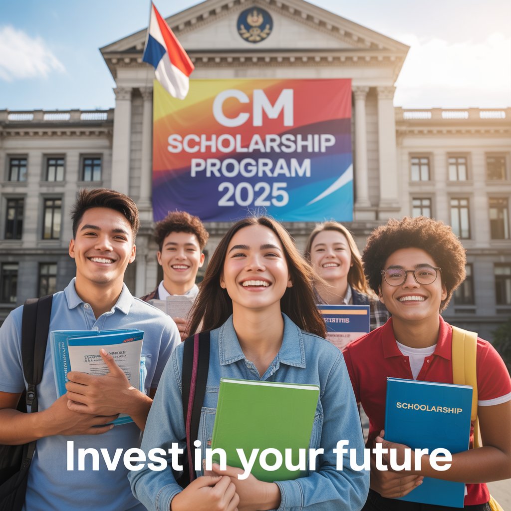 "Students celebrating after receiving approval under CM Scholarship Program 2025, holding books and certificates in front of government office.