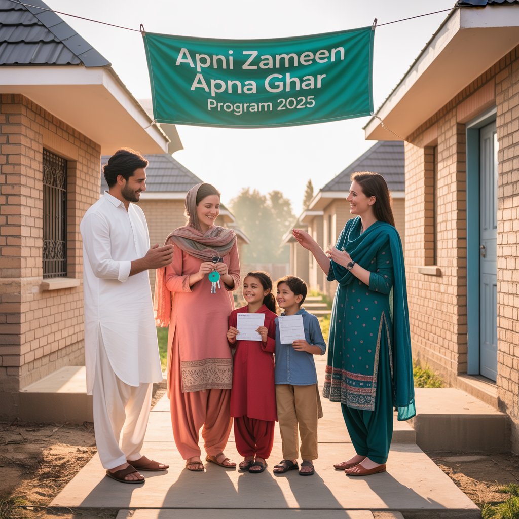 "A real-life style image of a smiling child holding keys of a new 3 Marla home with Maryam Nawaz beside him, banner of Apni Zameen Apna Ghar Program 2025 in the background, ultra realistic"