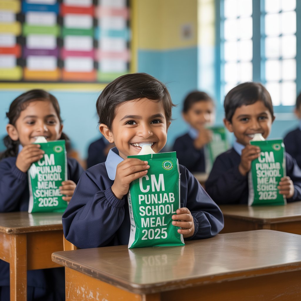 Young learners in Punjab drinking milk provided by CM Punjab School Meal Scheme 2025, featuring Maryam Nawaz photo on the side wall.