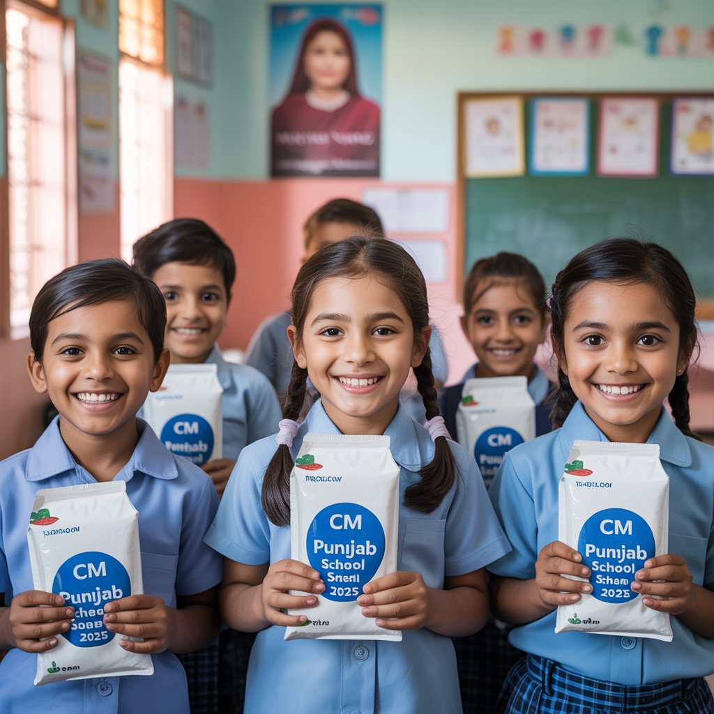 Children in Punjab classroom holding milk packets from CM Punjab School Meal Scheme 2025 with Maryam Nawaz poster in the background.