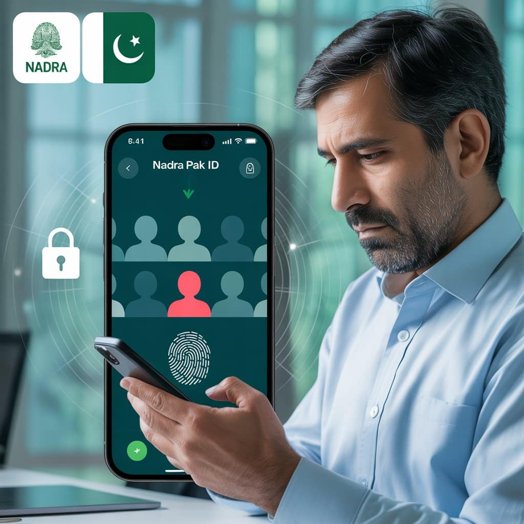 "Pakistani citizen using NADRA Pak ID app on smartphone to Remove Unrelated Individuals from NADRA Family Tree, ensuring data accuracy and identity protection."