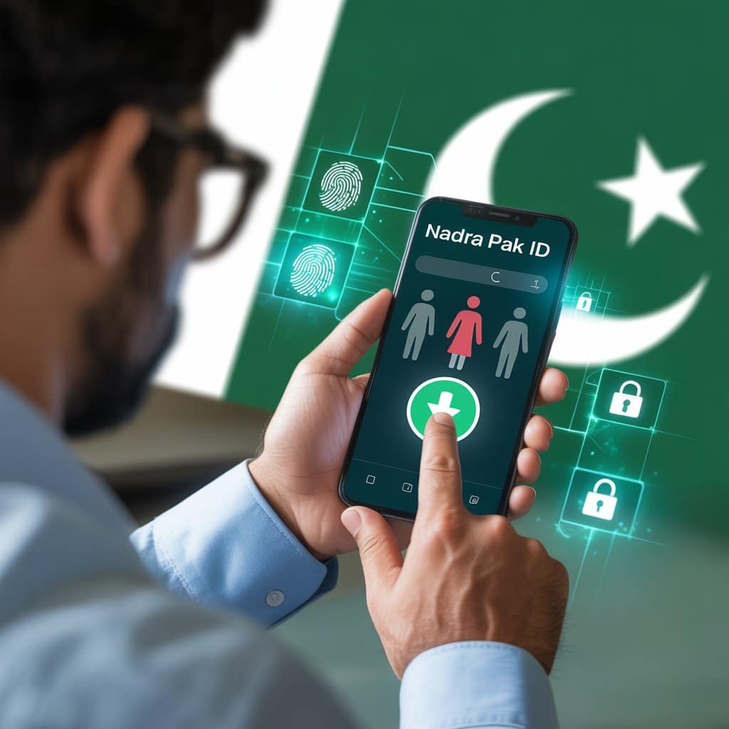 "Pakistani citizen using NADRA Pak ID app on smartphone to Remove Unrelated Individuals from NADRA Family Tree, ensuring data accuracy and identity protection."