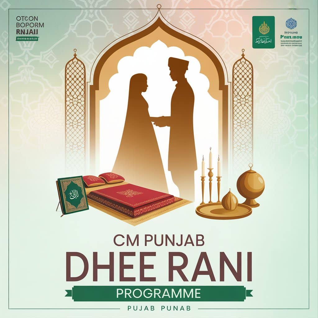 "CM Punjab Dhee Rani Programme poster featuring wedding theme, dowry package items, and government welfare initiative by Maryam Nawaz Sharif in Punjab."