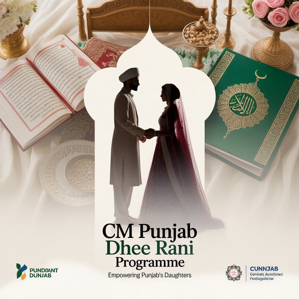 "CM Punjab Dhee Rani Programme poster featuring wedding theme, dowry package items, and government welfare initiative by Maryam Nawaz Sharif in Punjab."