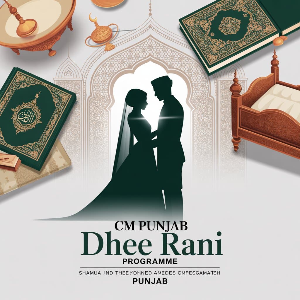 "CM Punjab Dhee Rani Programme poster featuring wedding theme, dowry package items, and government welfare initiative by Maryam Nawaz Sharif in Punjab."