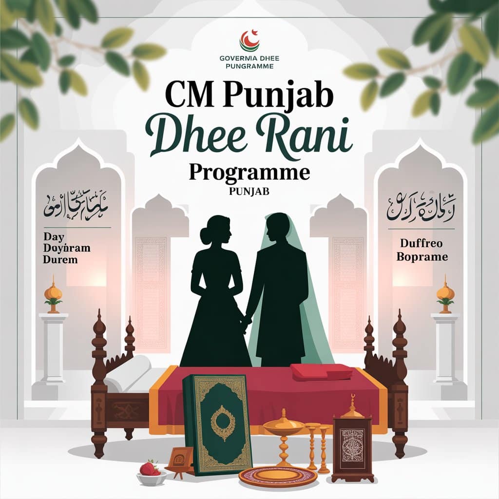 "CM Punjab Dhee Rani Programme poster featuring wedding theme, dowry package items, and government welfare initiative by Maryam Nawaz Sharif in Punjab."