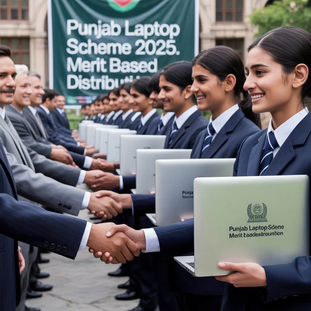 Students receiving laptops under Punjab Laptop Scheme 2025 on merit basis in Punjab, Pakistan.