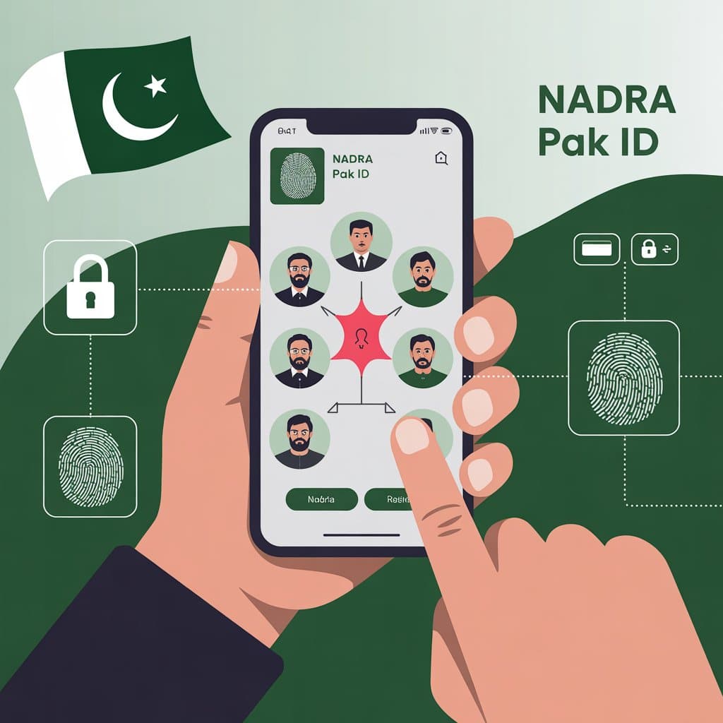 "Pakistani citizen using NADRA Pak ID app on smartphone to Remove Unrelated Individuals from NADRA Family Tree, ensuring data accuracy and identity protection."
