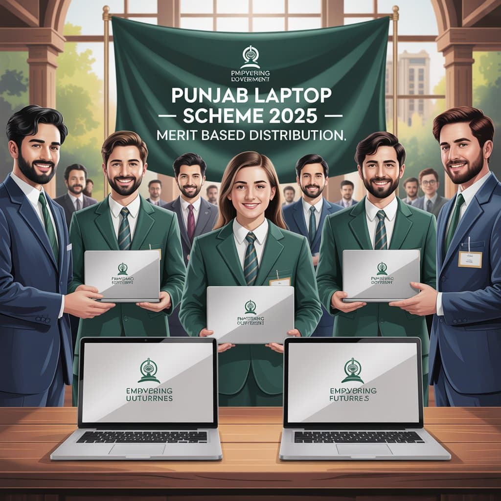 Students receiving laptops under Punjab Laptop Scheme 2025 on merit basis in Punjab, Pakistan.