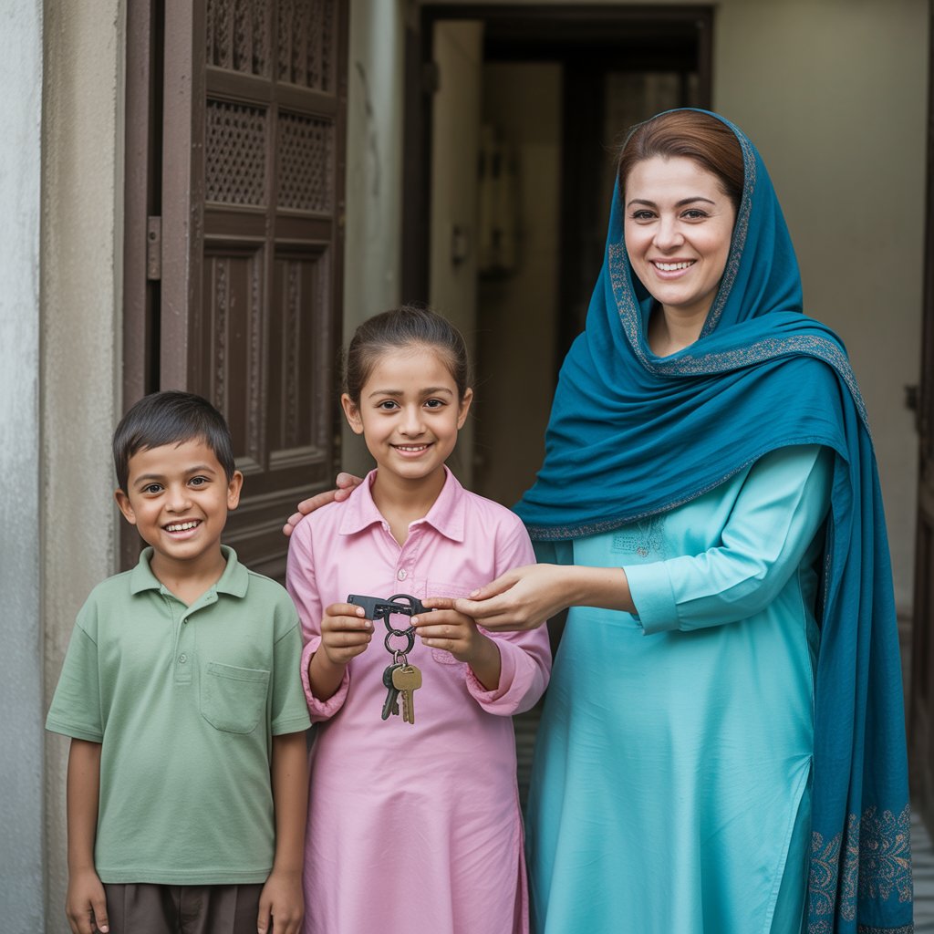 "An authentic photo of a low-income family standing happily in front of their new government-allotted house, with Maryam Nawaz in the frame, representing Apni Zameen Apna Ghar Program 2025, realistic, natural light"