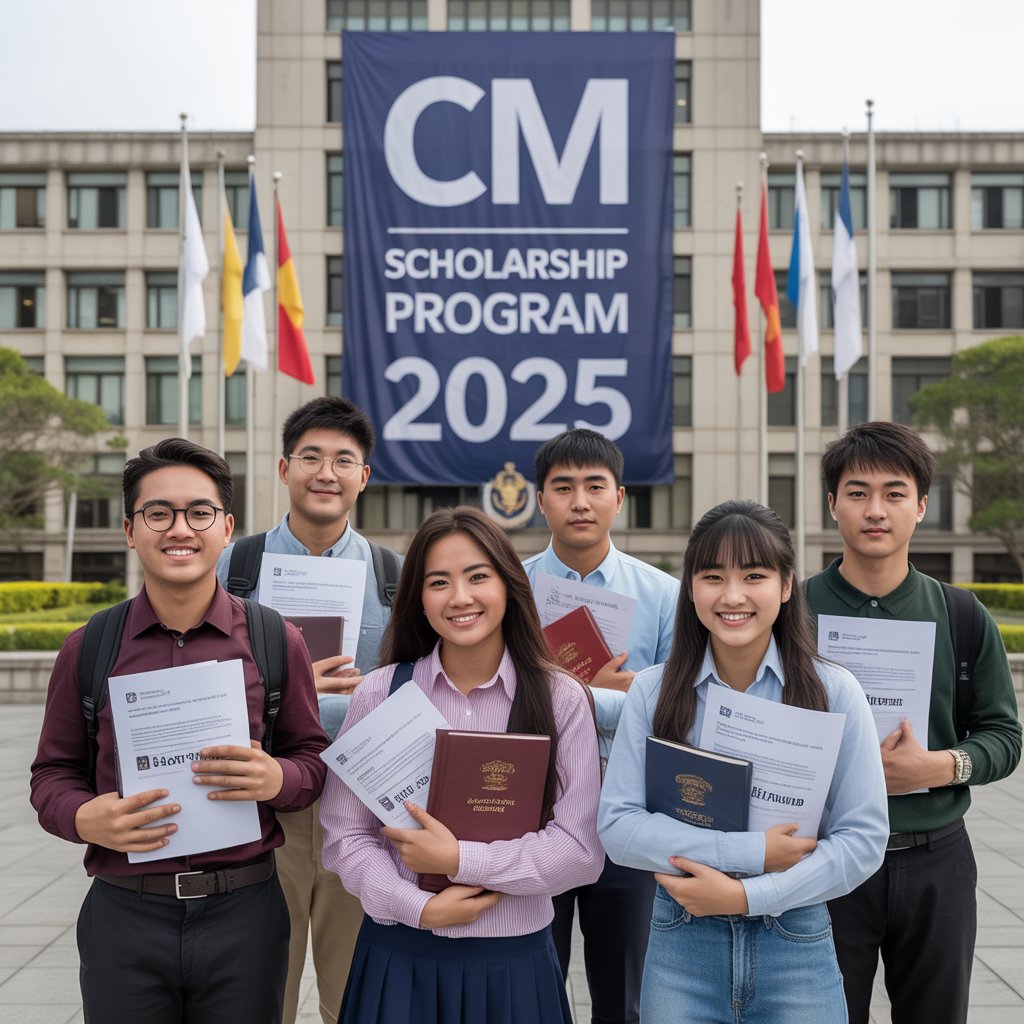 "Students celebrating after receiving approval under CM Scholarship Program 2025, holding books and certificates in front of government office.