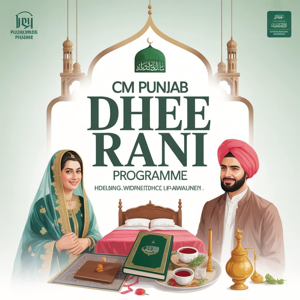 "CM Punjab Dhee Rani Programme poster featuring wedding theme, dowry package items, and government welfare initiative by Maryam Nawaz Sharif in Punjab."