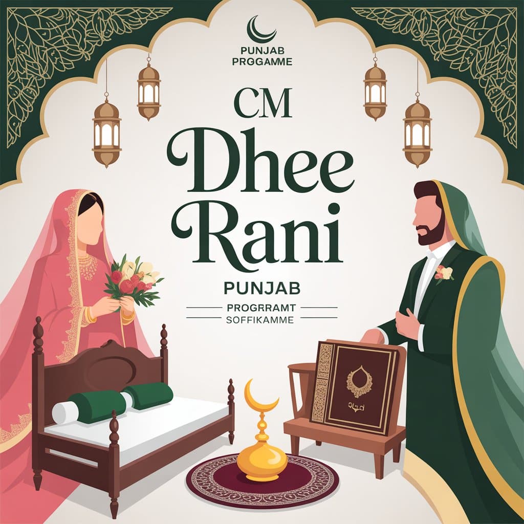 "CM Punjab Dhee Rani Programme poster featuring wedding theme, dowry package items, and government welfare initiative by Maryam Nawaz Sharif in Punjab."