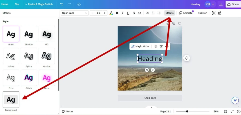Step-by-step demonstration of how to highlight text in Canva using the background effect for eye-catching designs.