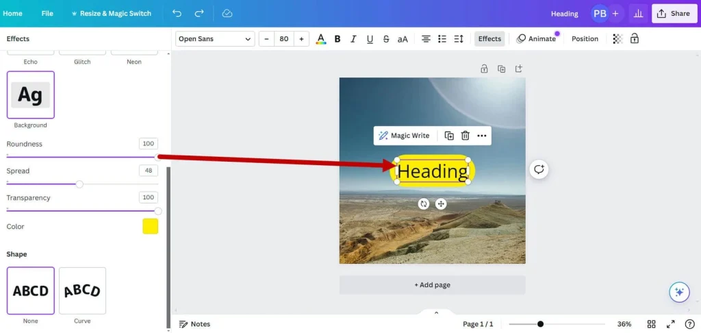 Step-by-step demonstration of how to highlight text in Canva using the background effect for eye-catching designs.