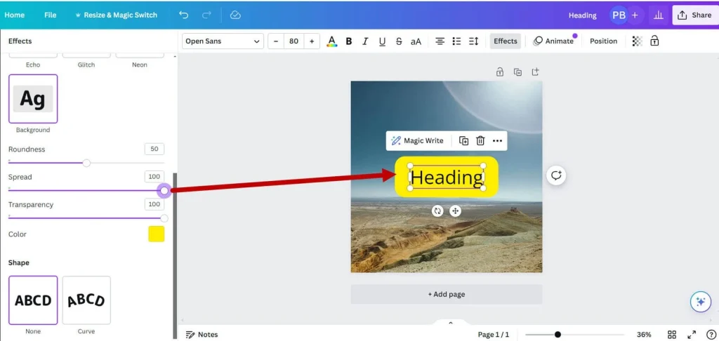 Step-by-step demonstration of how to highlight text in Canva using the background effect for eye-catching designs.