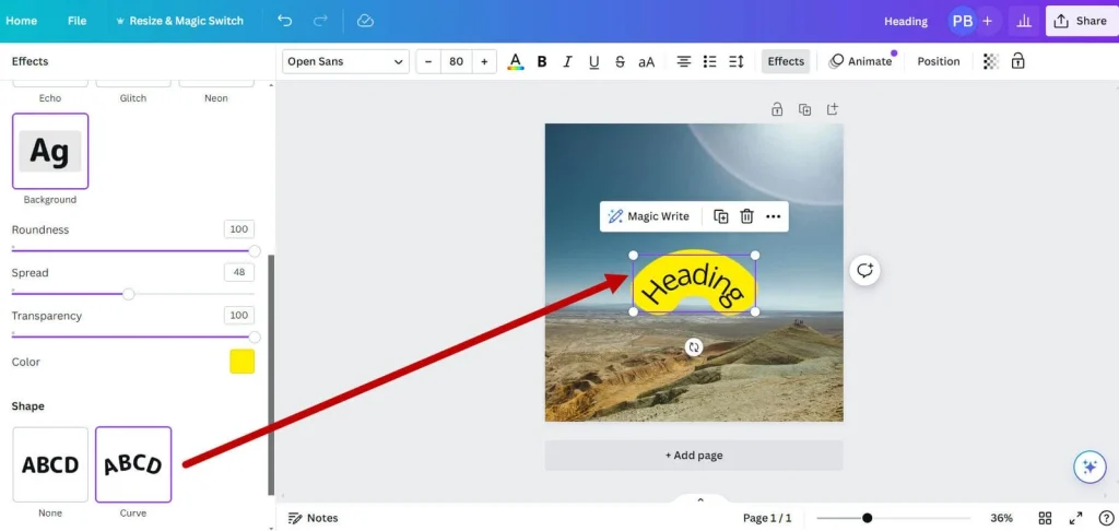 Step-by-step demonstration of how to highlight text in Canva using the background effect for eye-catching designs.