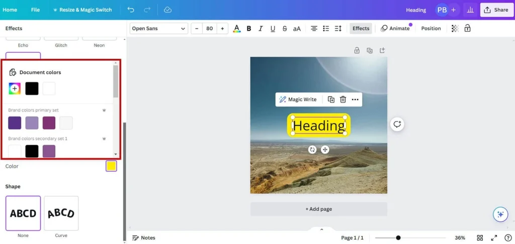Step-by-step demonstration of how to highlight text in Canva using the background effect for eye-catching designs.