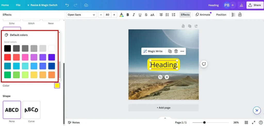 Step-by-step demonstration of how to highlight text in Canva using the background effect for eye-catching designs.