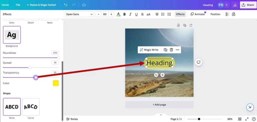 Step-by-step demonstration of how to highlight text in Canva using the background effect for eye-catching designs.