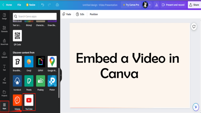 Embedding a video in Canva design using YouTube link.
