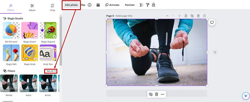 Screenshot showing how to change the color of an image in Canva using the Filters option.