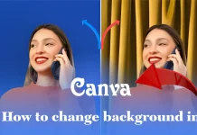 How to Change Background in Canva (Color + Image Tutorial) – 5 Easy & Powerful Steps How to change background in Canva tutorial showing before and after background edit of a woman on call.