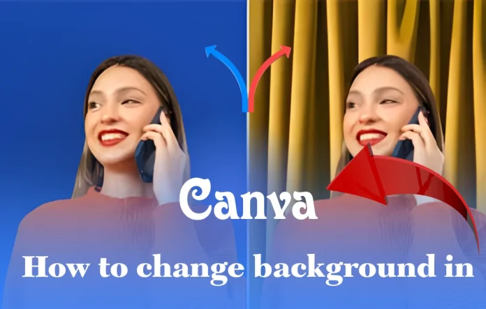 How to change background in Canva tutorial showing before and after background edit of a woman on call.