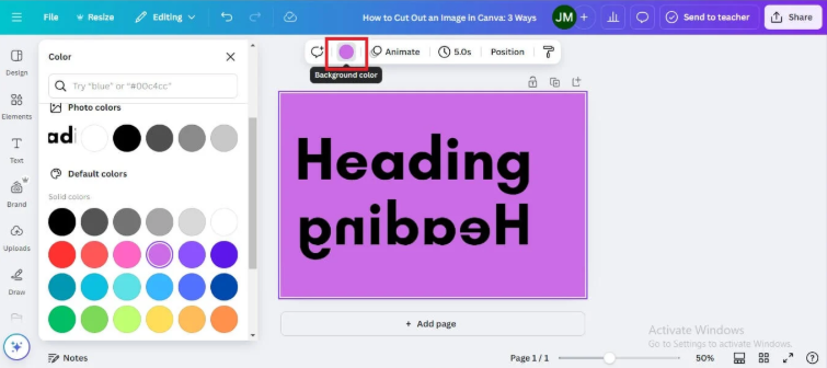 If you use the Canva mobile app (Android or iOS), flipping text follows a similar process with a slightly different interface.

Open your project in the Canva app.

Tap your text, then go to Share → Download → PNG.

Upload the saved image into Canva again.

Select the image, then tap Flip → Horizontal or Vertical.